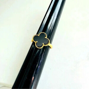 18K Gold Plated Four Leaf Clover Onyx Adjustable Ring